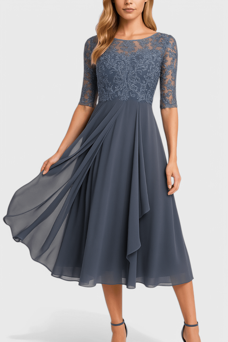 Abby | Embroidered Illusion Neckline Midi Dress