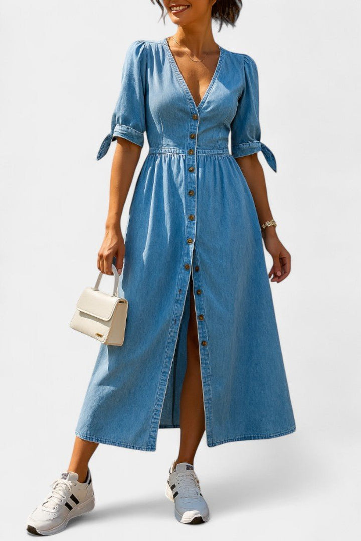 Adelina | V-Neck Button Midi Dress