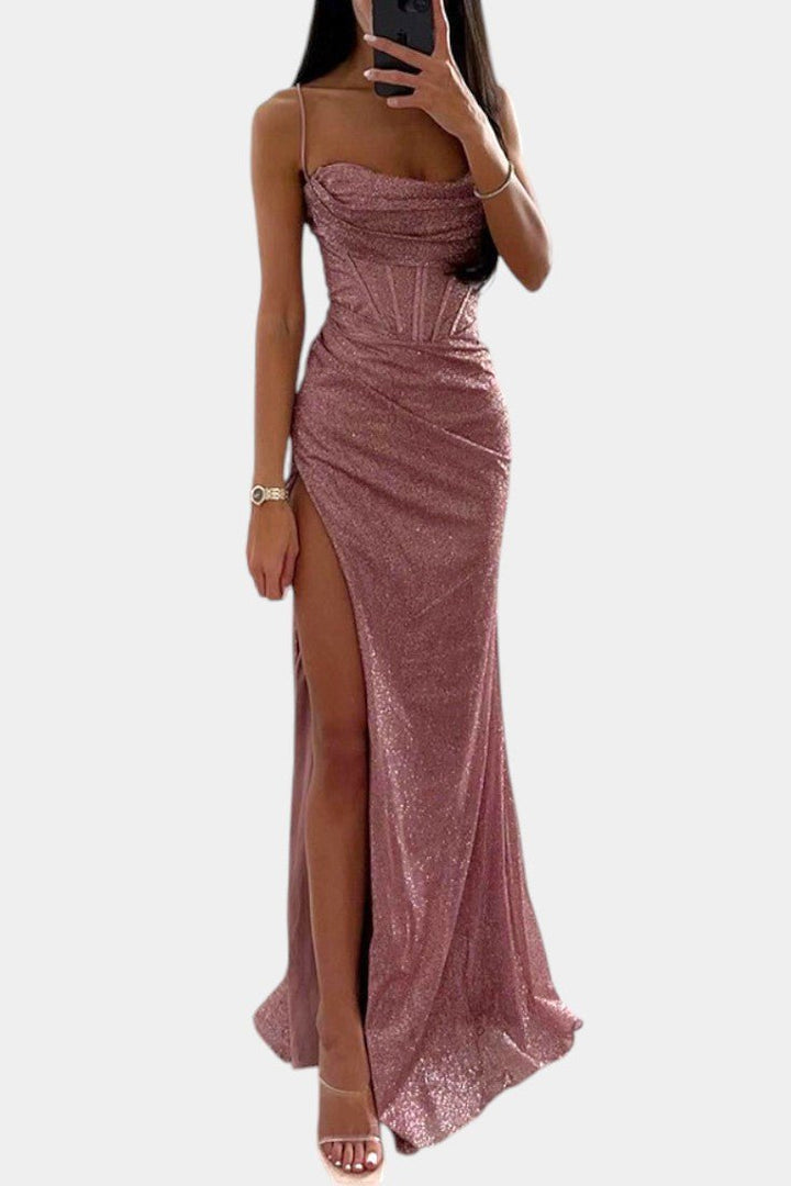 Armoni | Spaghetti Strap Corset Slit Gown