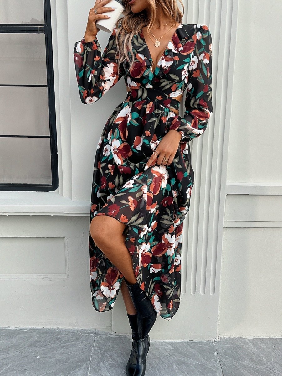Célestine™ | Long Printed Dress with Lantern Sleeves — Distinguished Floral Charm