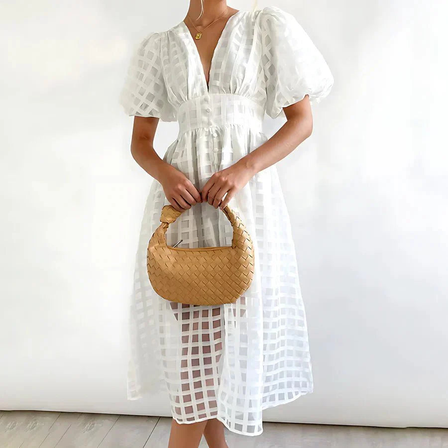CHELSEA | CLASSIC PUFF SLEEVED MIDI DRESS