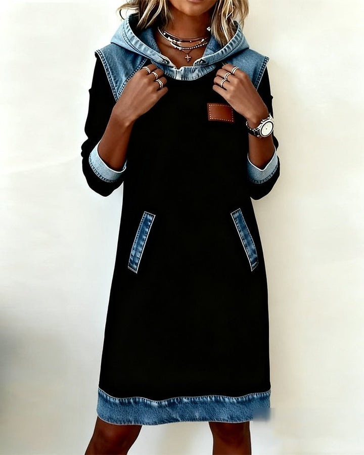 Hooded Dress with Denim Inserts