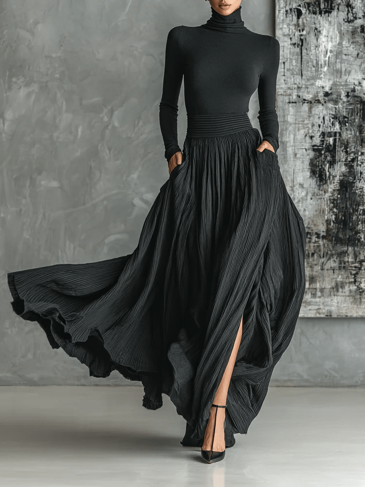 Mary | All Black Turtleneck & Pleated Skirt Set